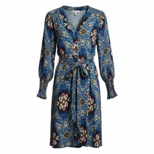 Finley Womens Size M Blue Ikat Print V Neck Long Sleeve Midi Wrap Dress
